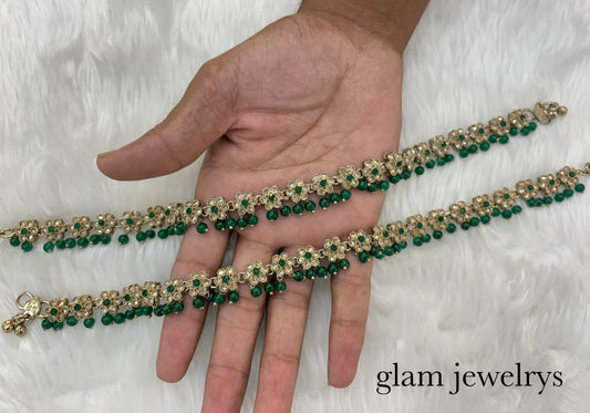 Green Antique Gold Anklets Jhanjar Payal Indian Jewellery