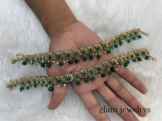 Green Antique Gold Anklets Jhanjar Payal Indian Jewellery