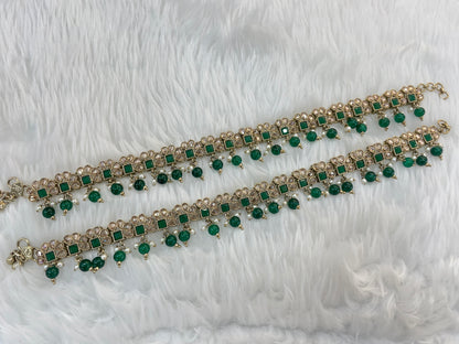 Green Antique Gold Anklets Jhanjar Payal Indian Jewellery
