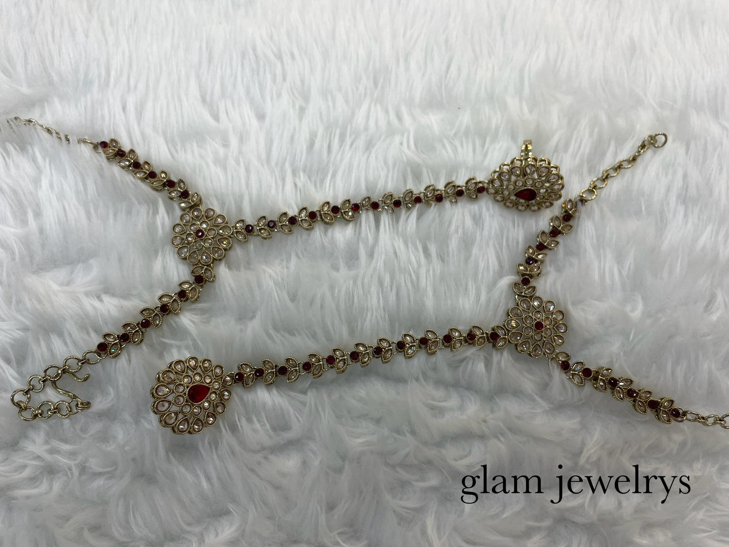Indian Hand Bracelets Maroon Bridal pair Finger ring Panja Jewellery