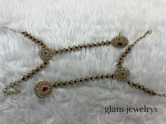 Indian Hand Bracelets Maroon Bridal pair Finger ring Panja Jewellery