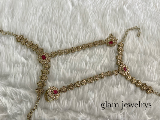 Indian Hand Bracelets Ruby Bridal pair Finger ring Panja Jewellery