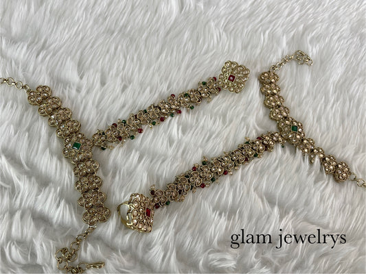 Indian Hand Bracelets Maroon and Green Bridal pair Finger ring Panja Jewellery