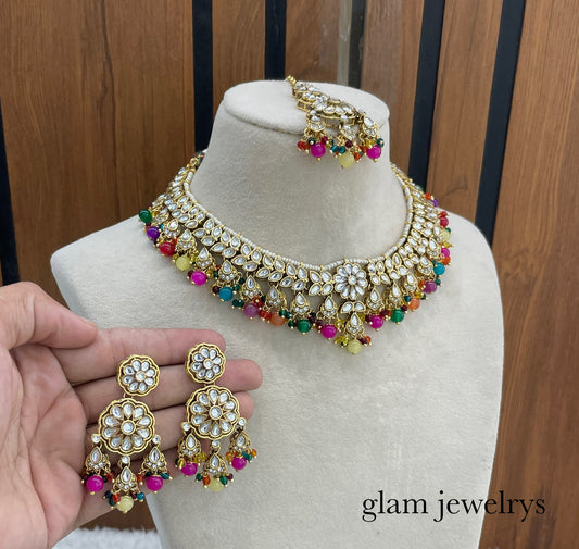 Multi Colour  Kundan necklace Set/ kundan Indian jewelry kundan Deepi sets