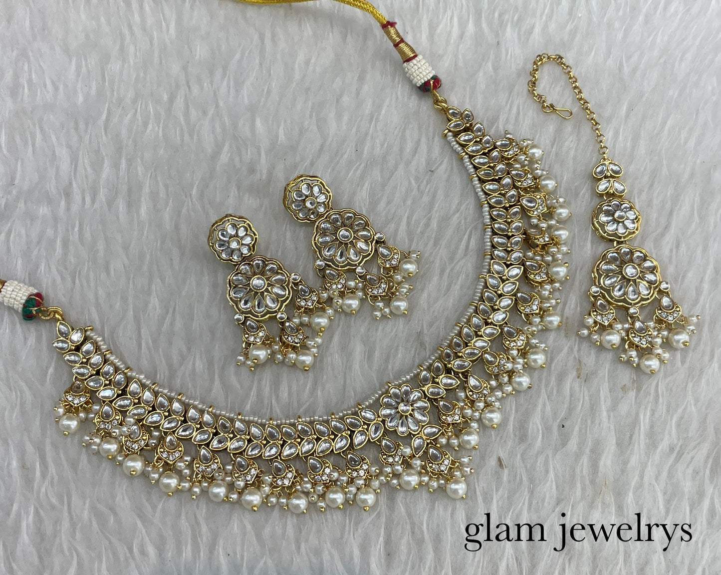 Gold White Kundan necklace Set/ kundan Indian jewelry kundan Deepi sets