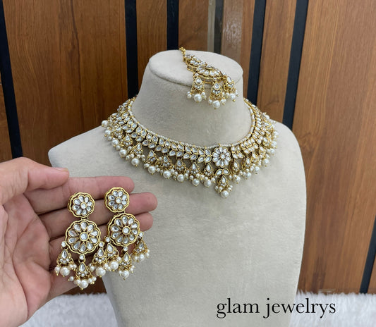 Gold White Kundan necklace Set/ kundan Indian jewelry kundan Deepi sets