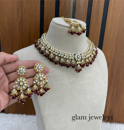 Maroon Kundan necklace Set/ kundan Indian jewelry kundan Deepi sets