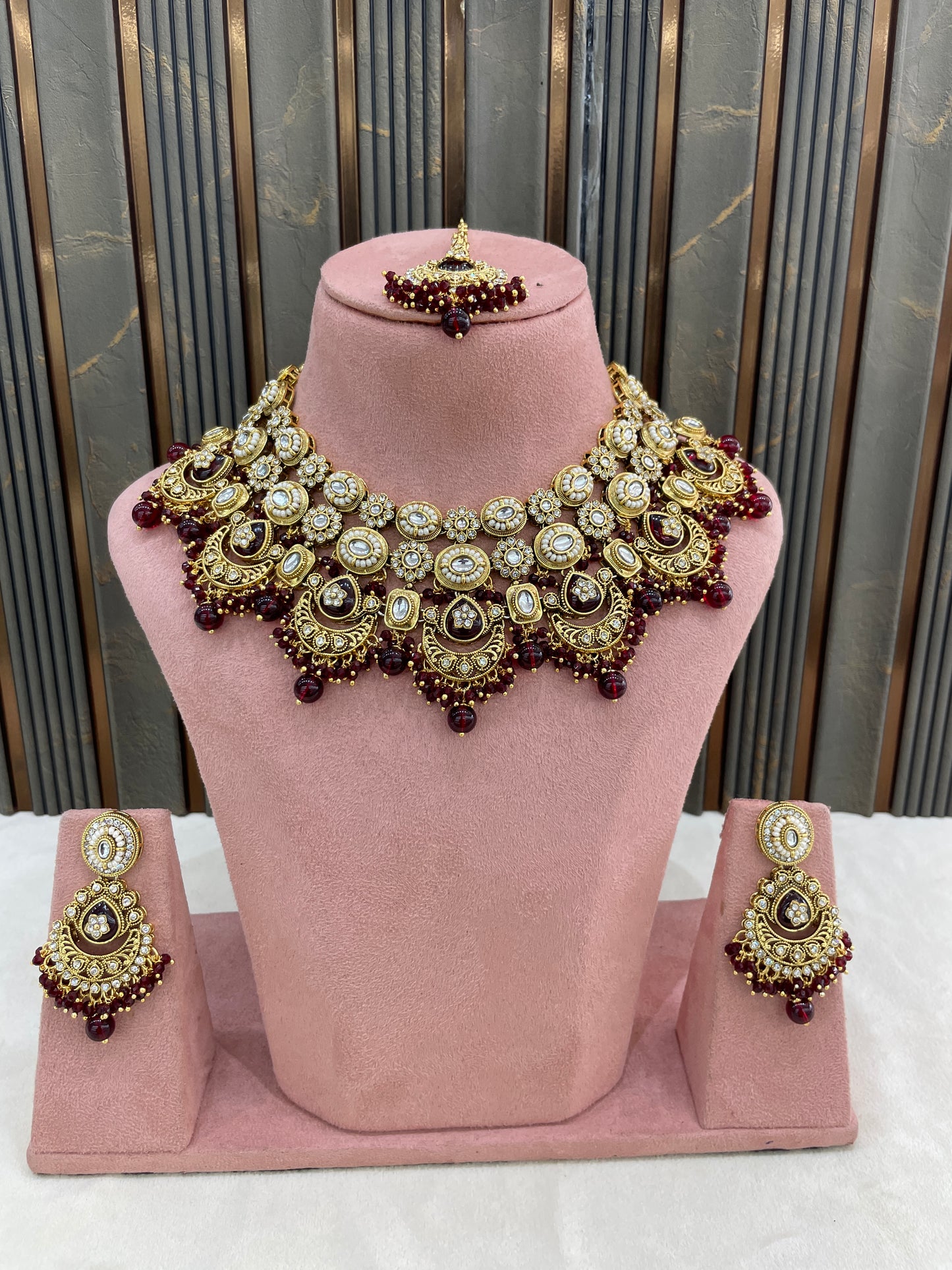 Gold Maroon Kundan necklace Set/ kundan Indian jewellery kundan Manjot sets