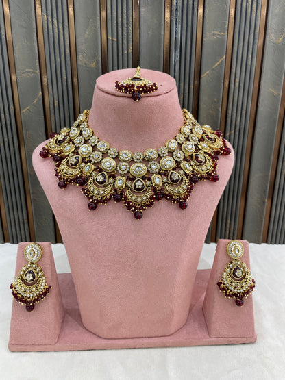 Gold Maroon Kundan necklace Set/ kundan Indian jewellery kundan Manjot sets