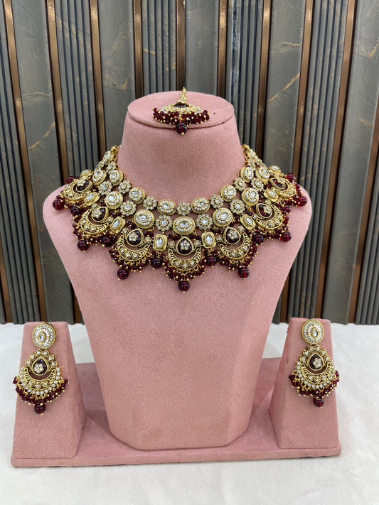 Gold Maroon Kundan necklace Set/ kundan Indian jewellery kundan Manjot sets