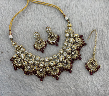 Gold Maroon Kundan necklace Set/ kundan Indian jewellery kundan Manjot sets