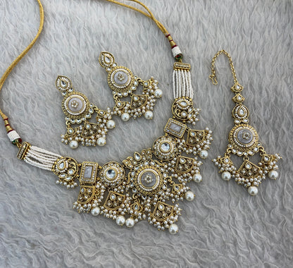 Gold White Kundan necklace Set/ kundan Indian jewellery kundan Sehaj sets