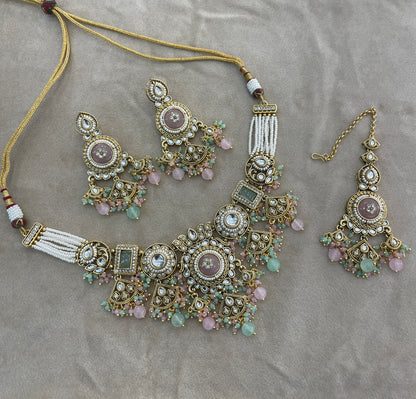Gold Mint Pink Kundan necklace Set/ kundan Indian jewellery kundan Sehaj sets