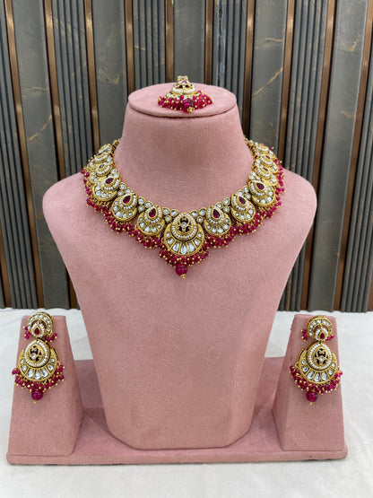Gold Majenta Kundan necklace Set/ kundan Indian jewellery kundan Ekan sets