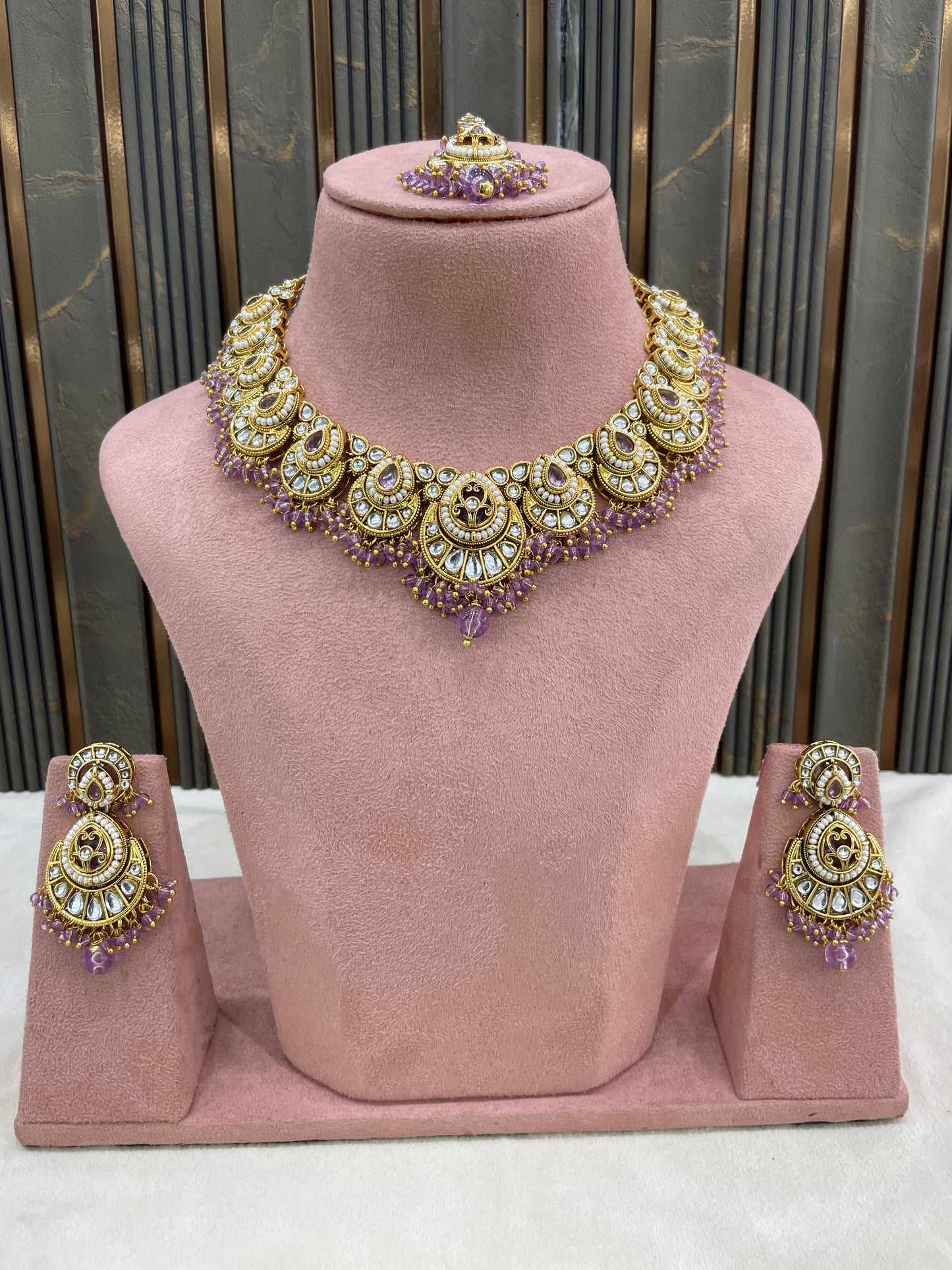 Gold Lavender Kundan necklace Set/ kundan Indian jewellery kundan Ekan sets