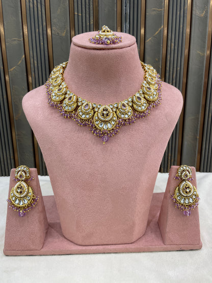 Gold Lavender Kundan necklace Set/ kundan Indian jewellery kundan Ekan sets