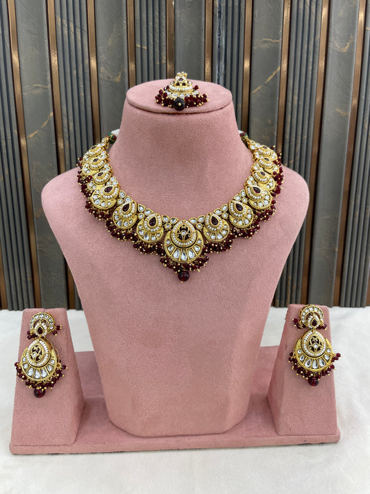 Gold Maroon Kundan necklace Set/ kundan Indian jewellery kundan Ekan sets