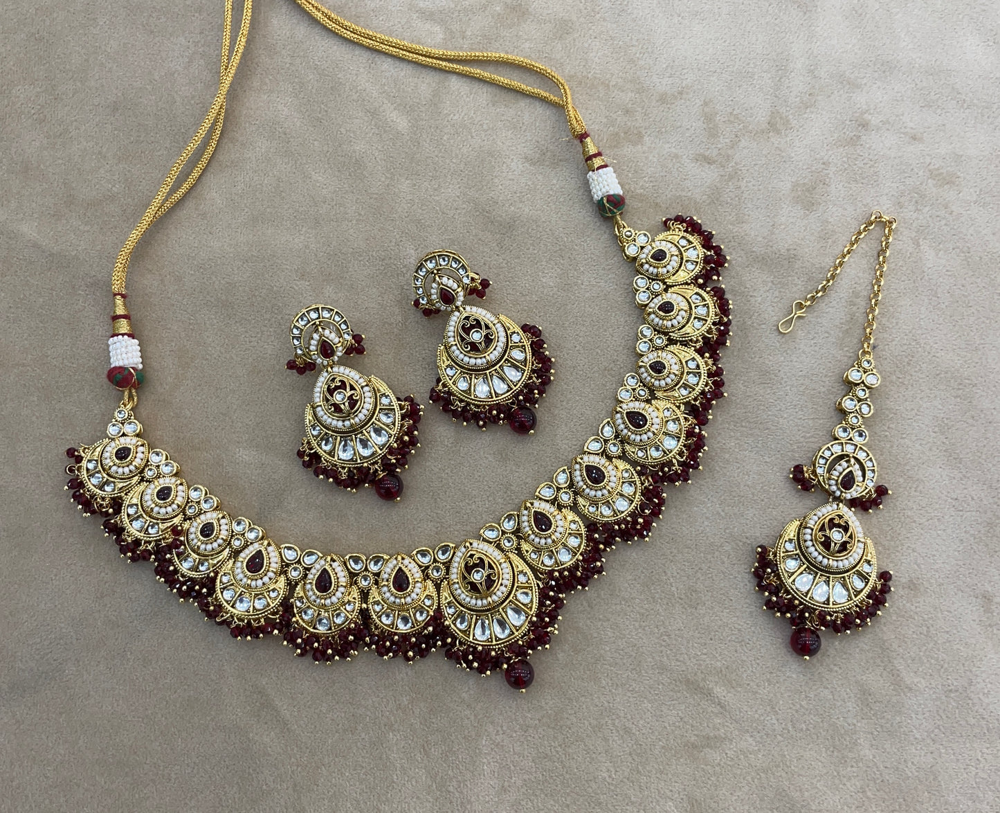 Gold Maroon Kundan necklace Set/ kundan Indian jewellery kundan Ekan sets