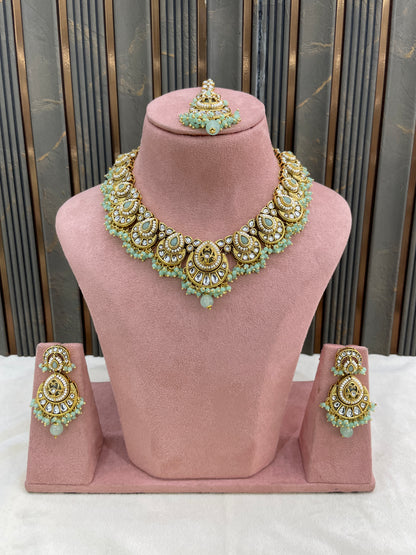 Gold Mint Kundan necklace Set/ kundan Indian jewellery kundan Ekan sets