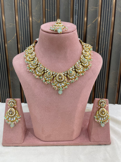 Gold Mint Pink Kundan necklace Set/ kundan Indian jewellery kundan Ekan sets