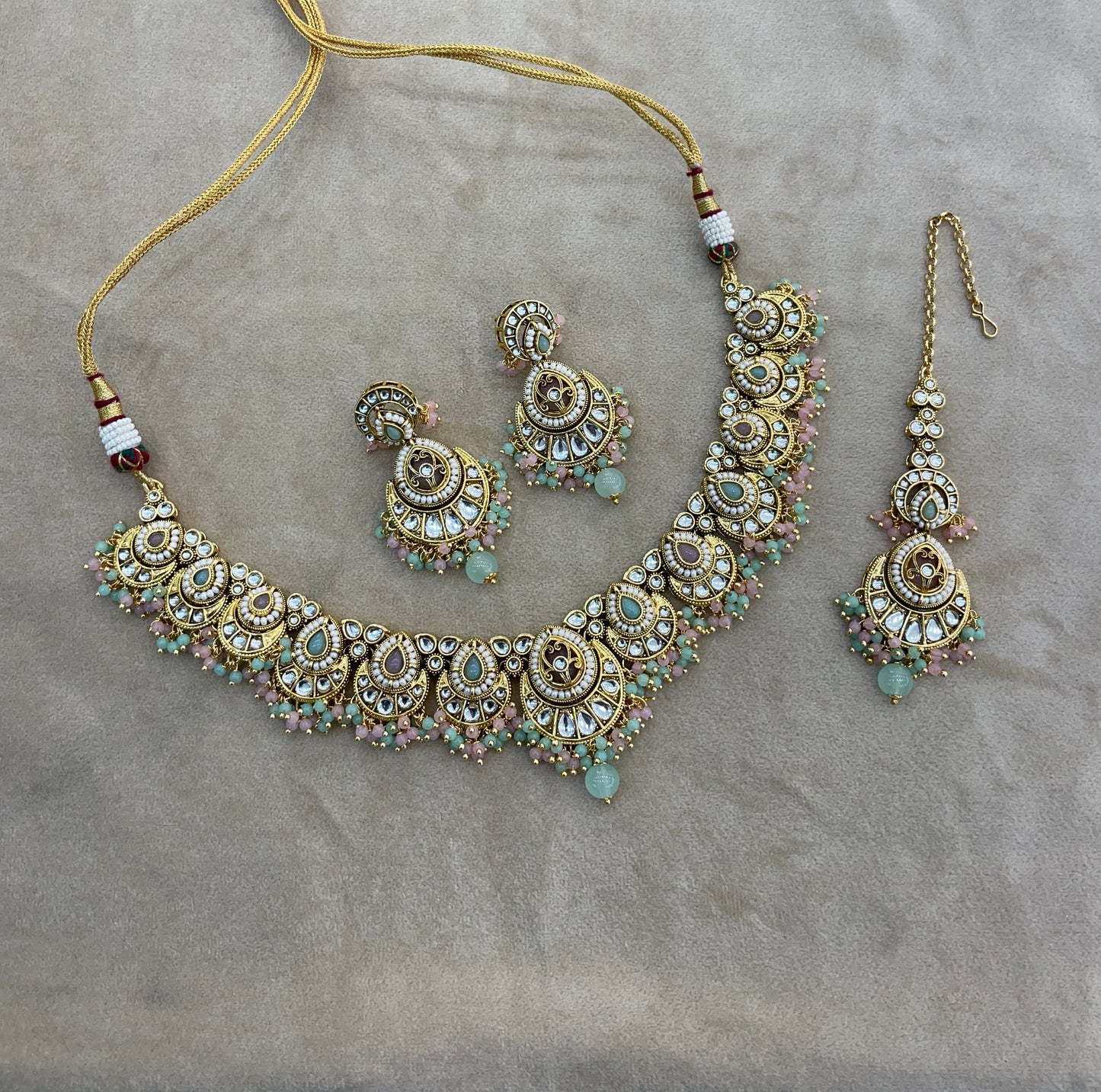 Gold Mint Pink Kundan necklace Set/ kundan Indian jewellery kundan Ekan sets