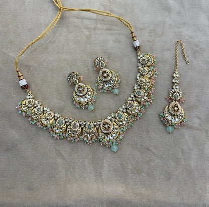 Gold Mint Pink Kundan necklace Set/ kundan Indian jewellery kundan Ekan sets