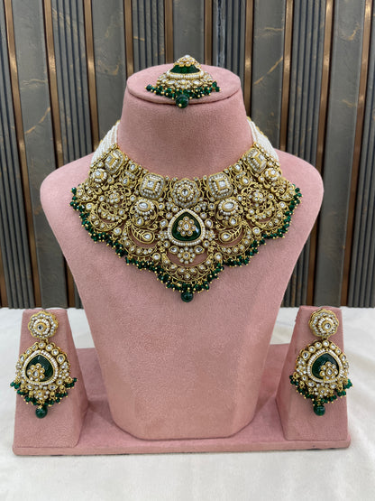 Gold Green Kundan necklace Set/ kundan Indian jewellery kundan Harjot sets