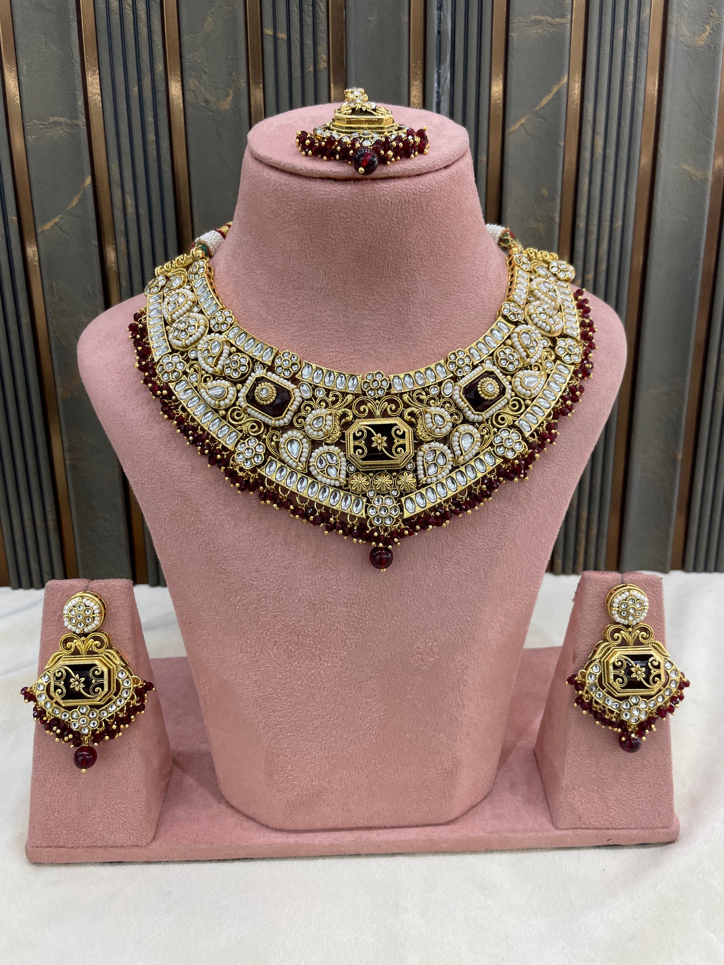 Gold Maroon Kundan necklace Set/ kundan Indian jewellery kundan Khushi sets