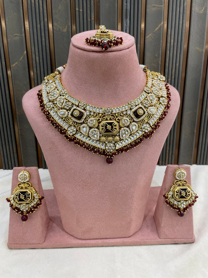 Gold Maroon Kundan necklace Set/ kundan Indian jewellery kundan Khushi sets