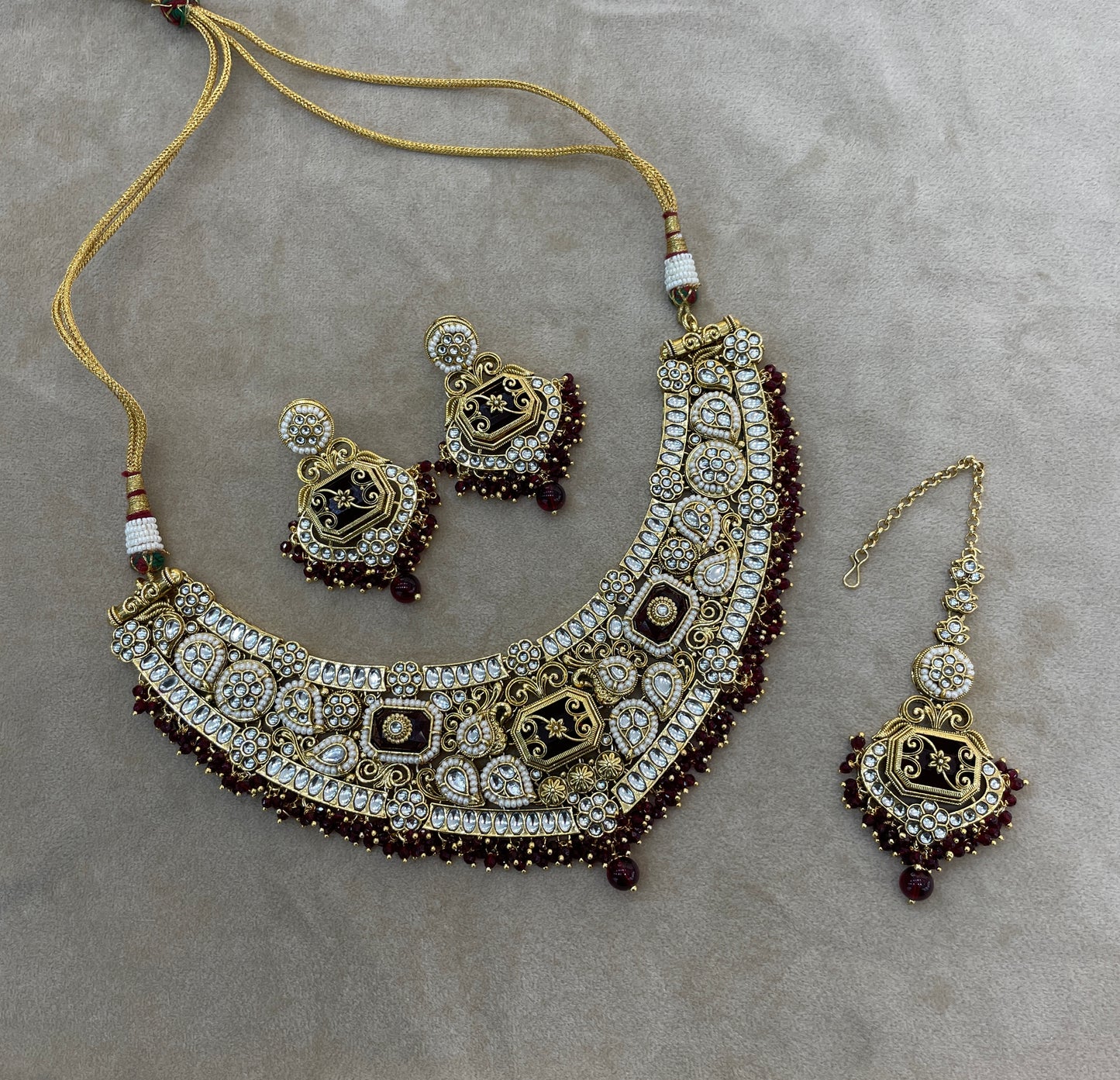 Gold Maroon Kundan necklace Set/ kundan Indian jewellery kundan Khushi sets