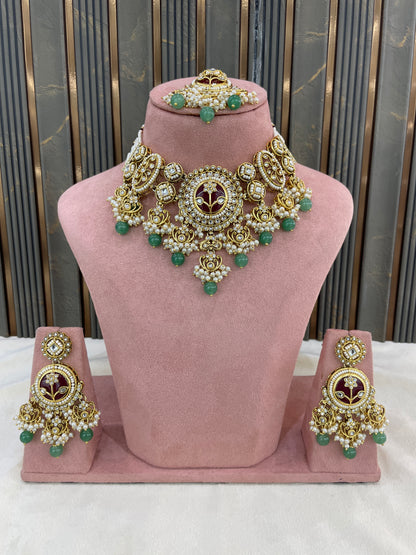 Gold Ruby Sage Green Kundan necklace Set/ kundan Indian jewellery kundan Don Sets