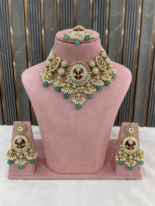 Gold Ruby Sage Green Kundan necklace Set/ kundan Indian jewellery kundan Don Sets