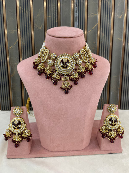 Gold Maroon Kundan necklace Set/ kundan Indian jewellery kundan Don Sets