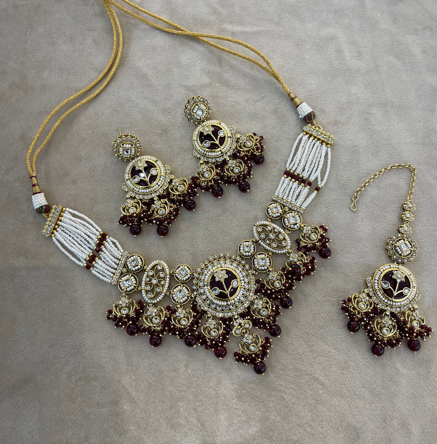 Gold Maroon Kundan necklace Set/ kundan Indian jewellery kundan Don Sets