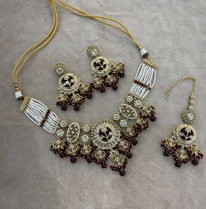 Gold Maroon Kundan necklace Set/ kundan Indian jewellery kundan Don Sets