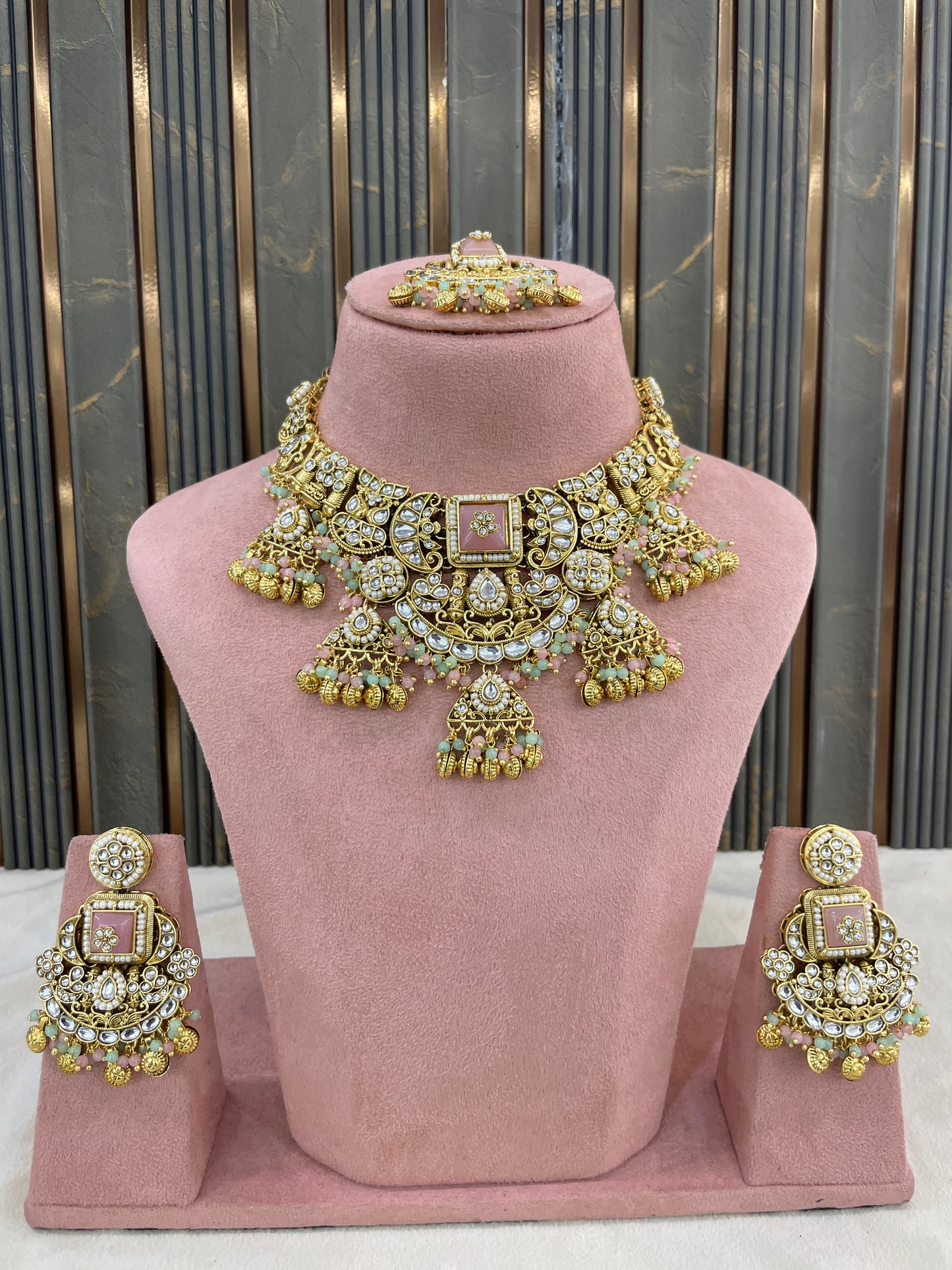 Gold Mint Pink Kundan necklace Set/ kundan Indian jewellery kundan Don Sets