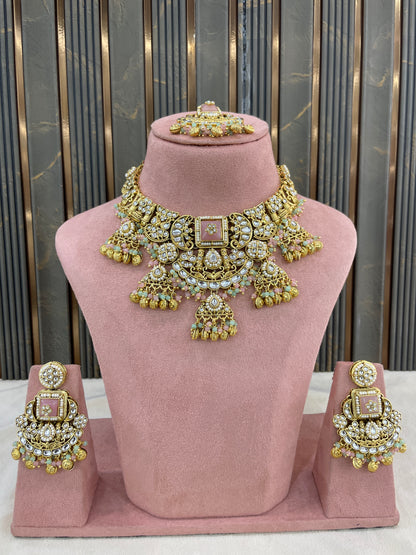 Gold Mint Pink Kundan necklace Set/ kundan Indian jewellery kundan Don Sets