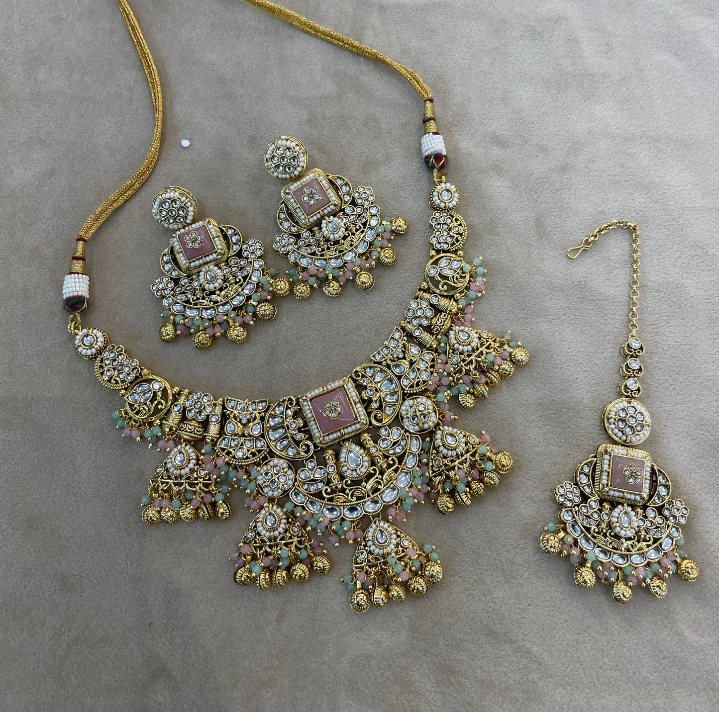 Gold Mint Pink Kundan necklace Set/ kundan Indian jewellery kundan Don Sets