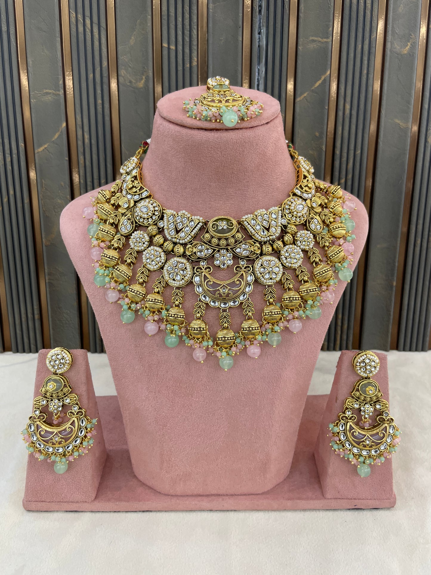 Gold Mint Pink Kundan necklace Set/ kundan Indian jewellery kundan Navroop sets