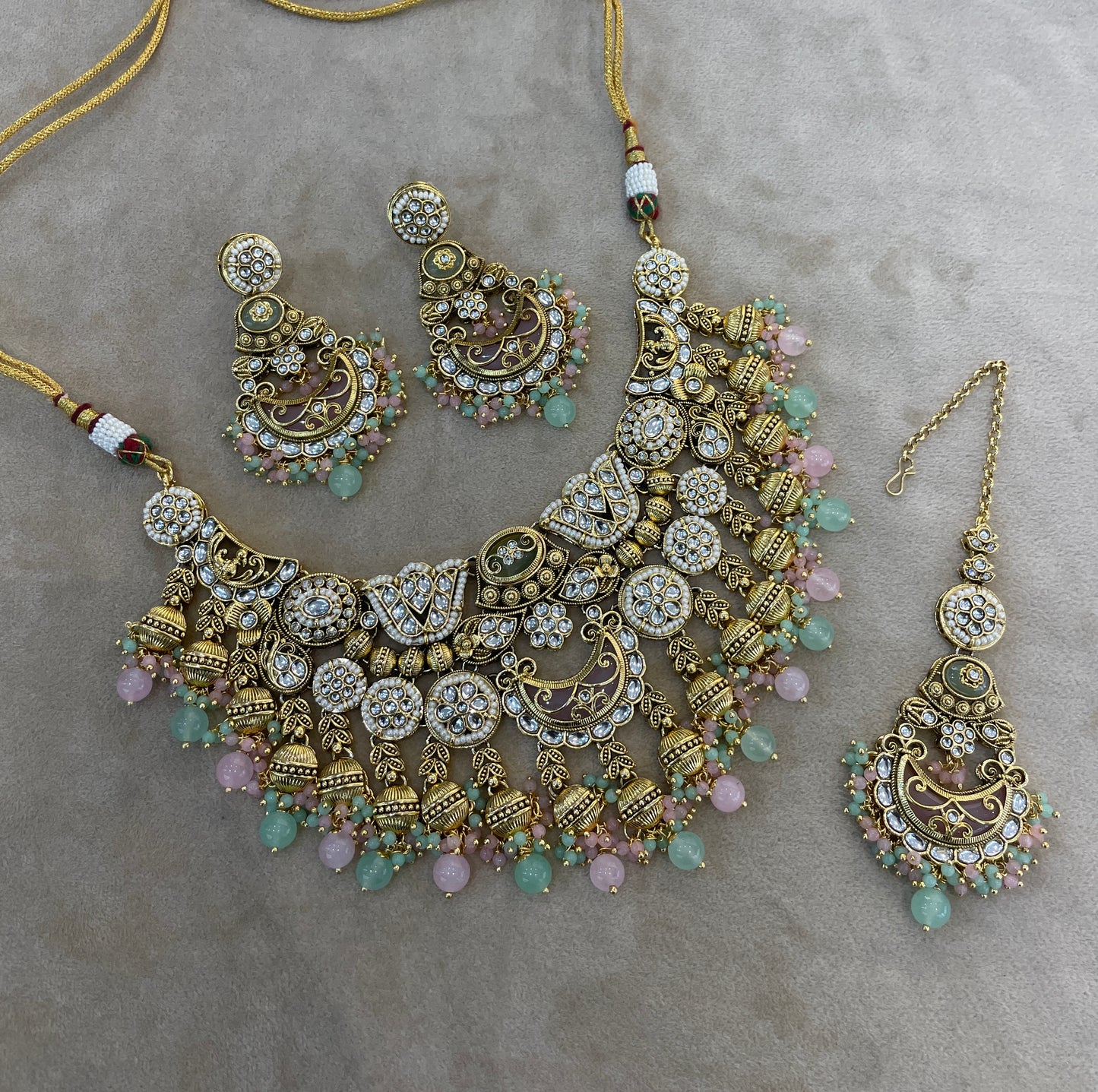Gold Mint Pink Kundan necklace Set/ kundan Indian jewellery kundan Navroop sets