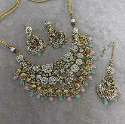 Gold Mint Pink Kundan necklace Set/ kundan Indian jewellery kundan Navroop sets