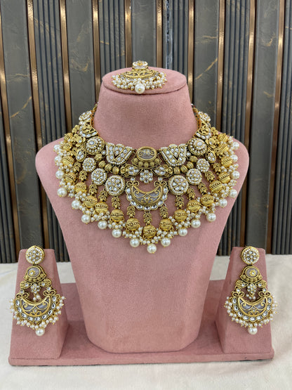 Gold White Kundan necklace Set/ kundan Indian jewellery kundan Navroop sets