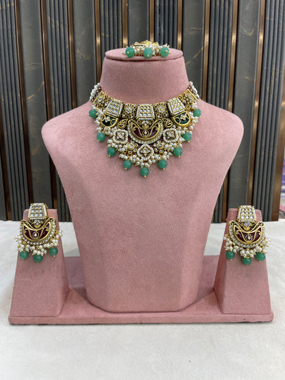 Ruby Sage Green Kundan necklace Set/ kundan Indian jewellery kundan Dhriti sets