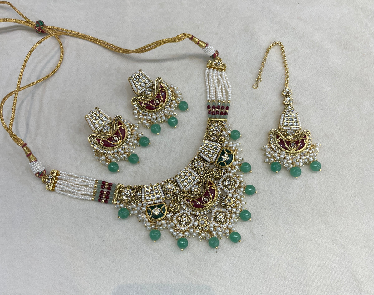 Ruby Sage Green Kundan necklace Set/ kundan Indian jewellery kundan Dhriti sets