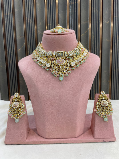 Mint Pink Kundan necklace Set/ kundan Indian jewellery kundan Ruhani sets