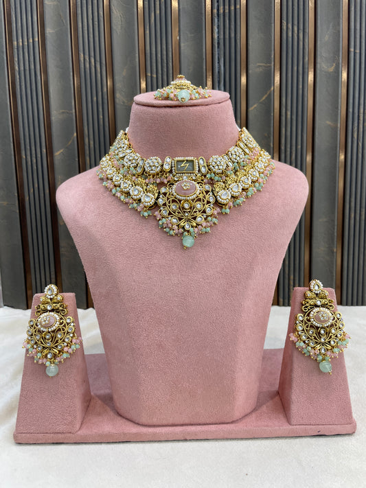 Mint Pink Kundan necklace Set/ kundan Indian jewellery kundan Ruhani sets