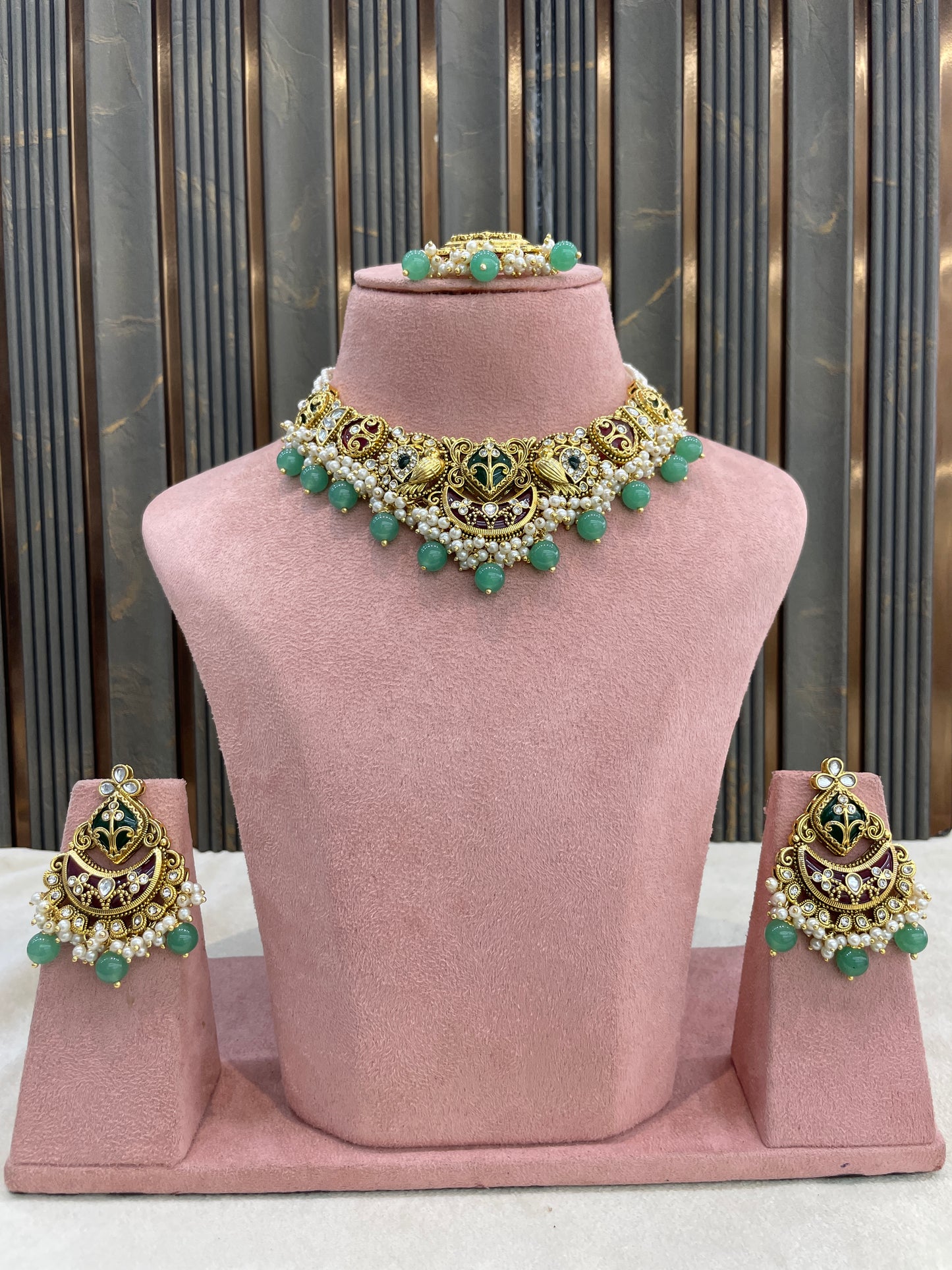 Ruby Sage Green Kundan necklace Set/ kundan Indian jewellery kundan Navya sets