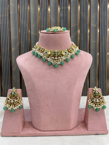 Ruby Sage Green Kundan necklace Set/ kundan Indian jewellery kundan Navya sets