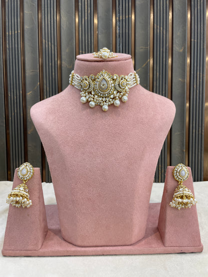 Indian Jewellery White Kundan choker Set/ kundan choker Kundan Vamika Set