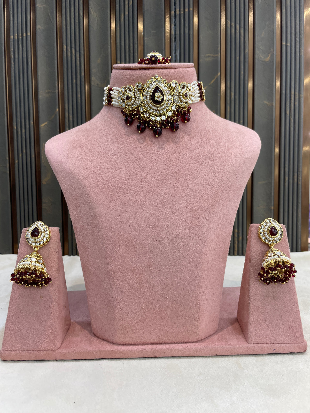 Indian Jewellery Maroon Kundan choker Set/ kundan choker Kundan Vamika Set
